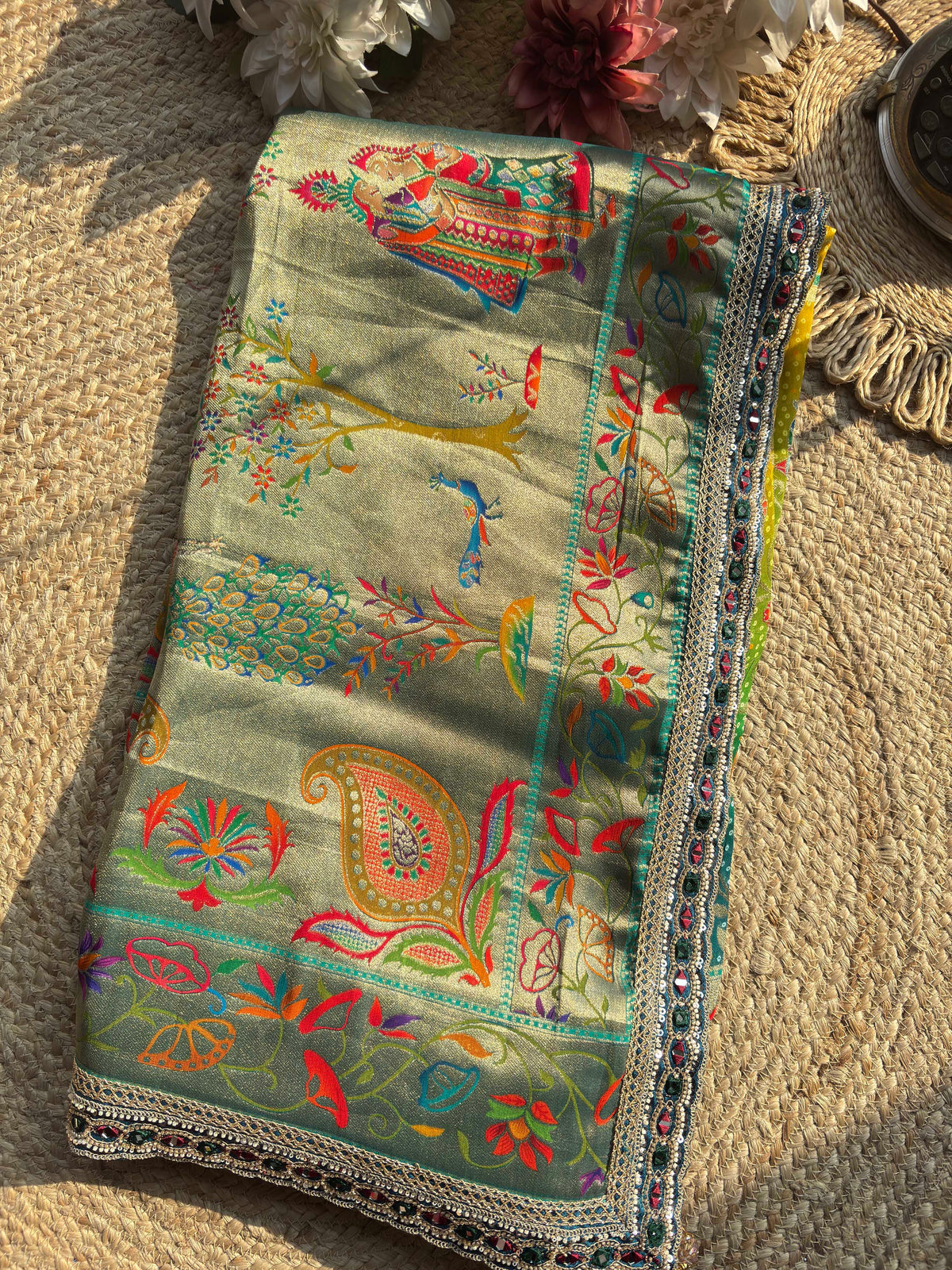 Designer Saree with Multicolor Floral Motifs & Heavy Embroidered Blouse