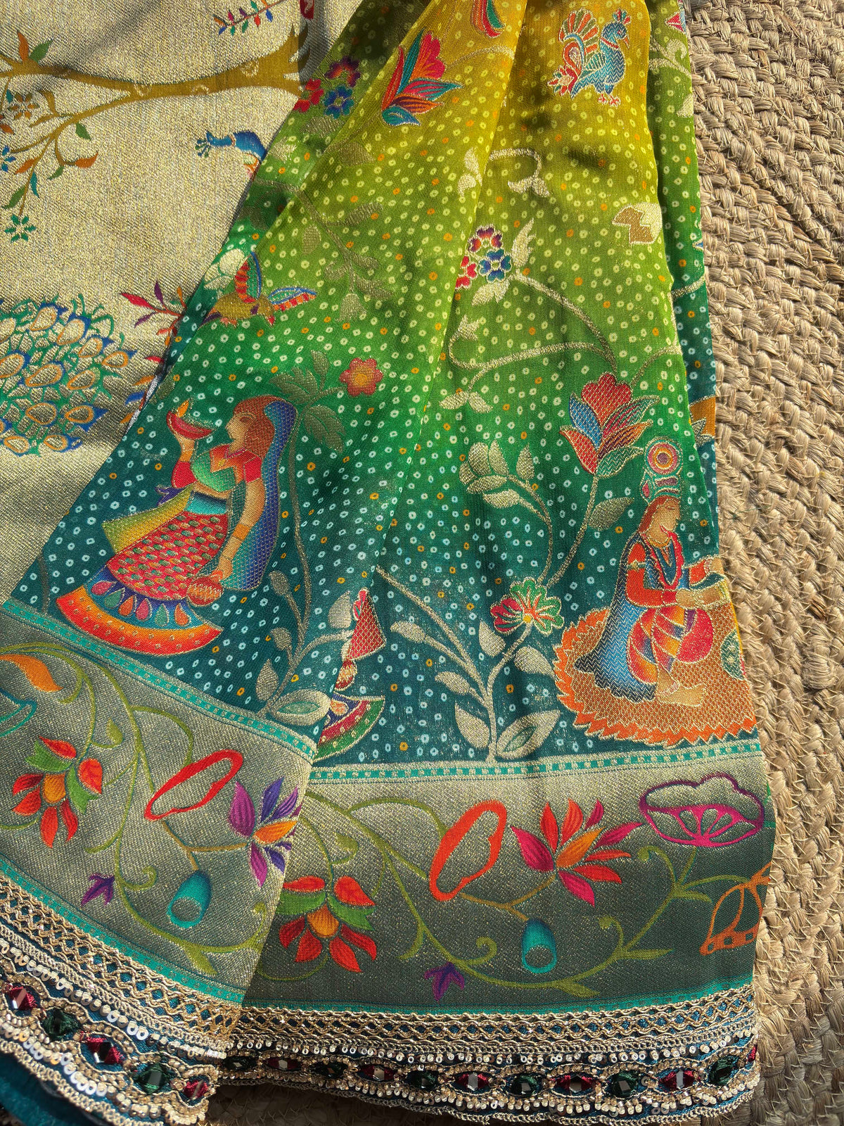 Designer Saree with Multicolor Floral Motifs & Heavy Embroidered Blouse