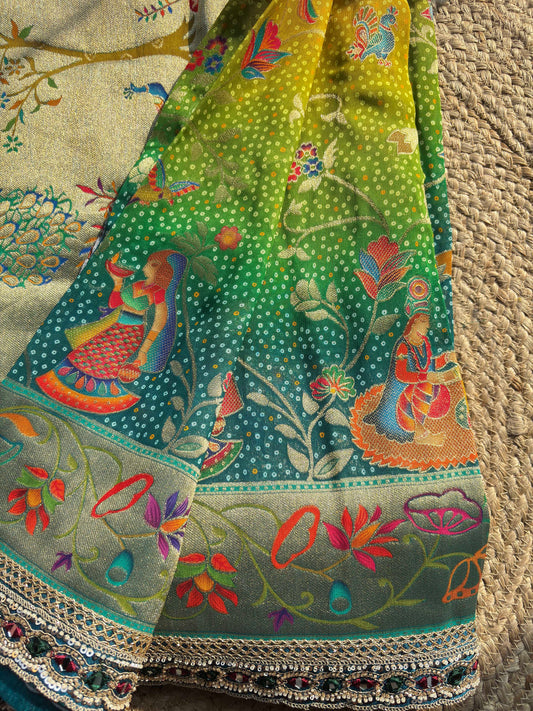 Designer Saree with Multicolor Floral Motifs & Heavy Embroidered Blouse
