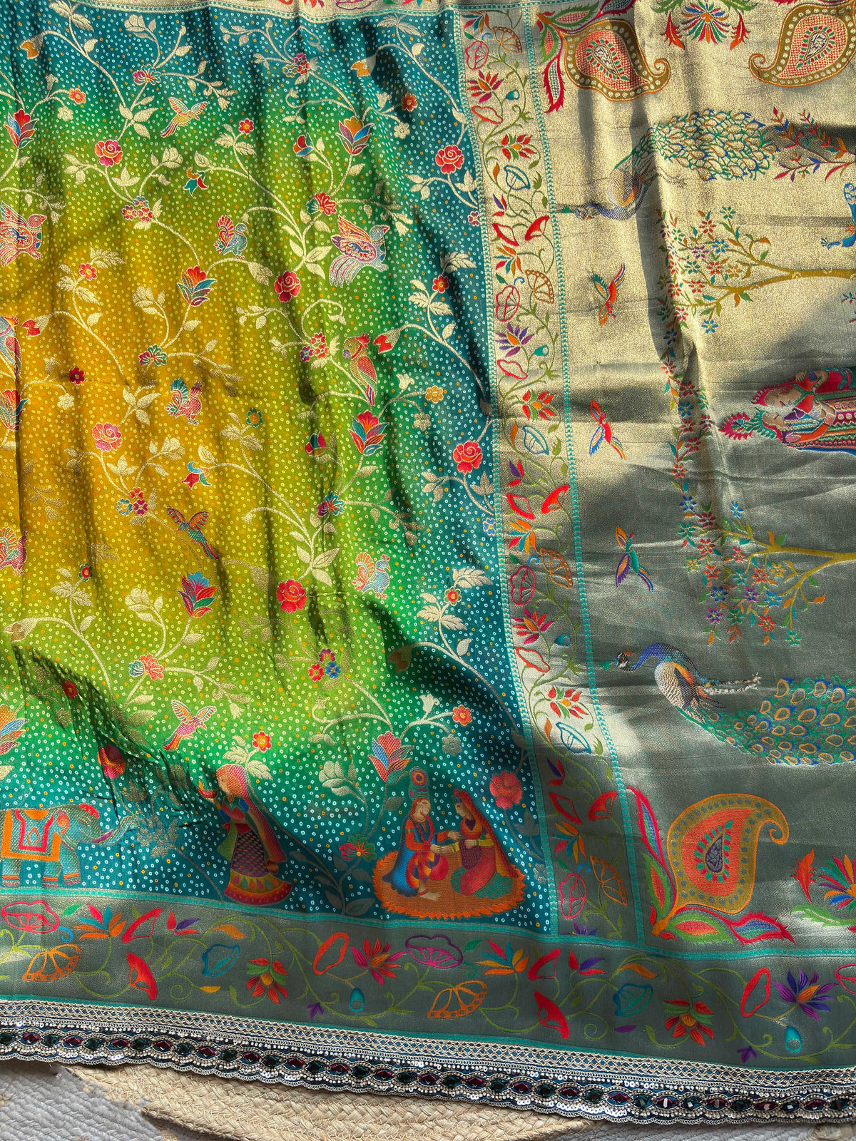 Designer Saree with Multicolor Floral Motifs & Heavy Embroidered Blouse
