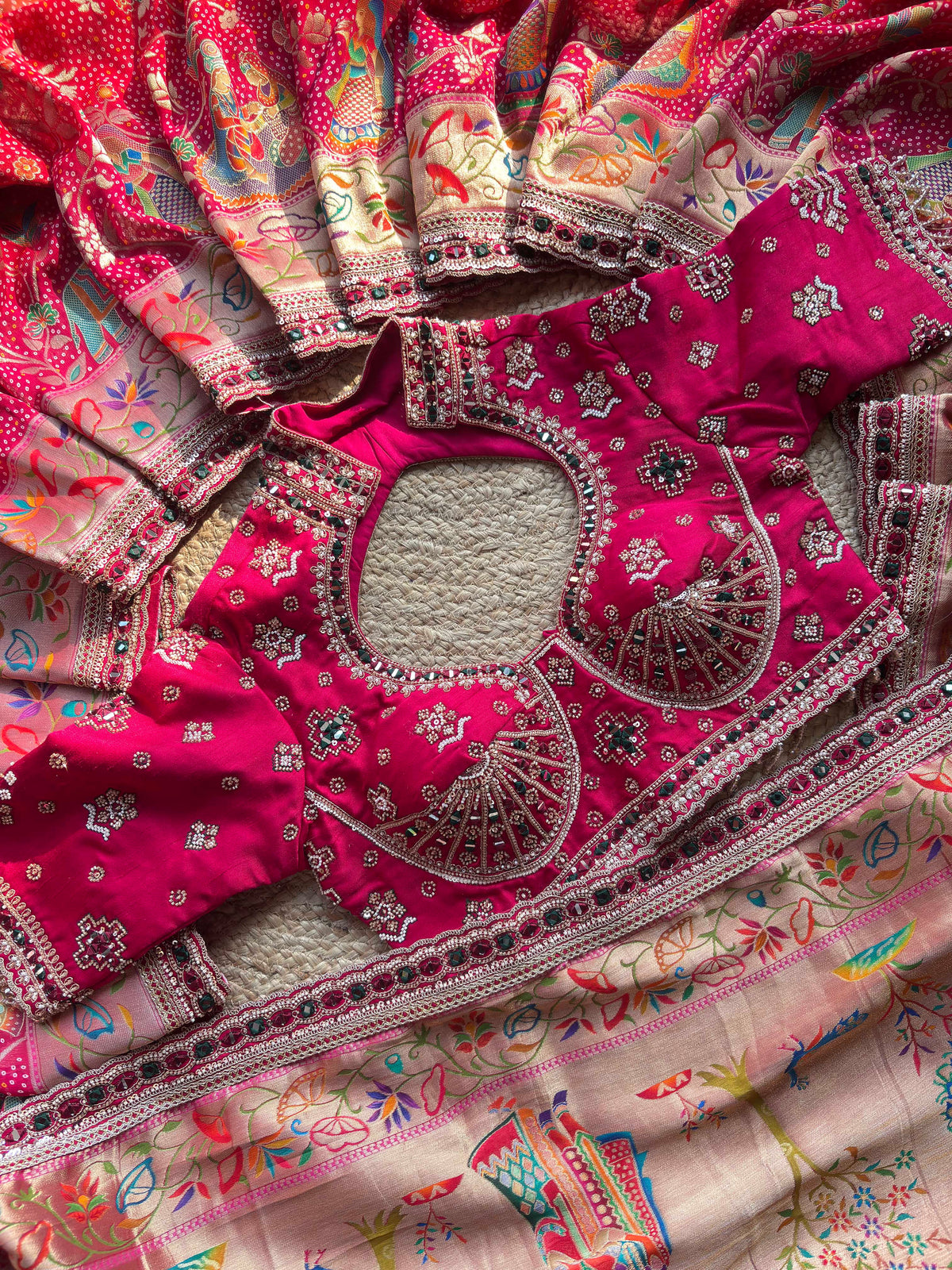 Designer Saree with Multicolor Floral & Peacock Motifs and Embroidered Blouse