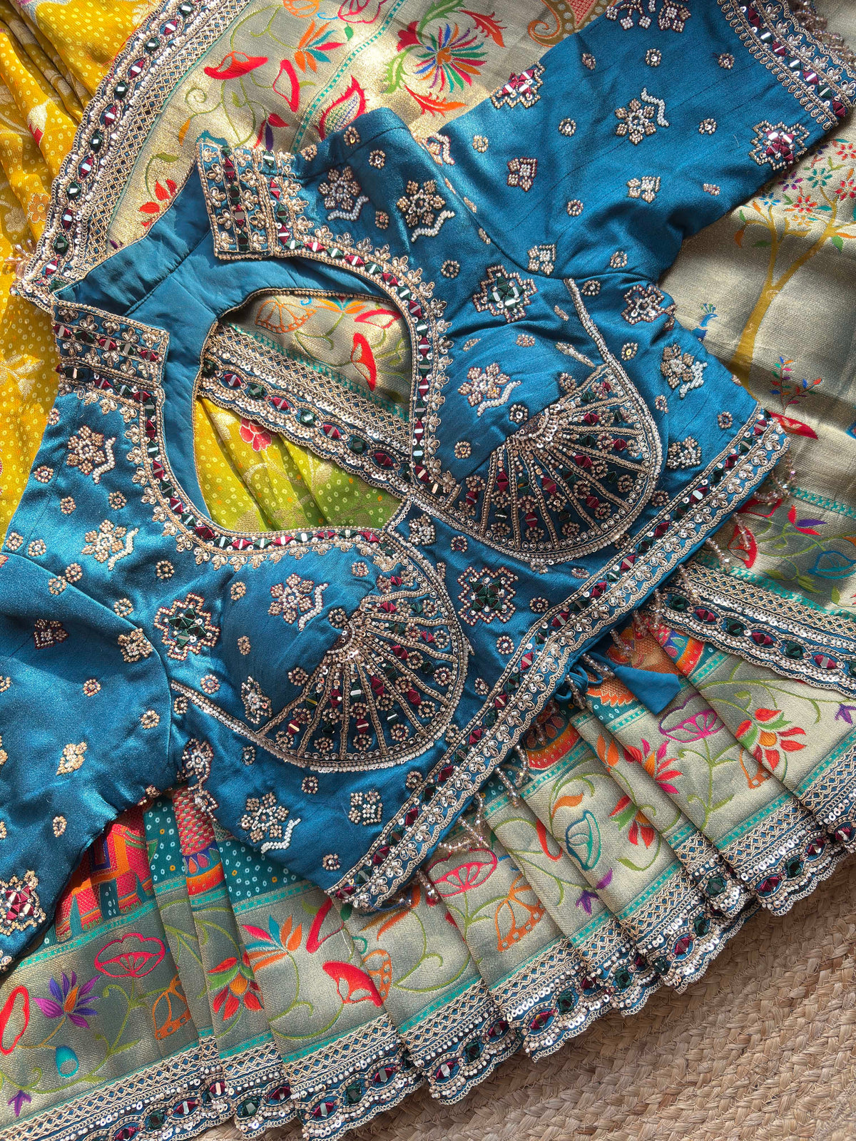 Designer Saree with Multicolor Floral Motifs & Heavy Embroidered Blouse