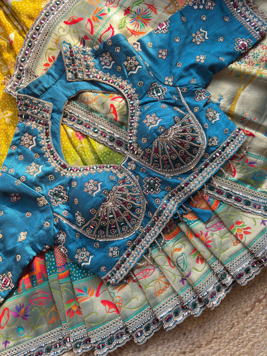 Designer Saree with Multicolor Floral Motifs & Heavy Embroidered Blouse