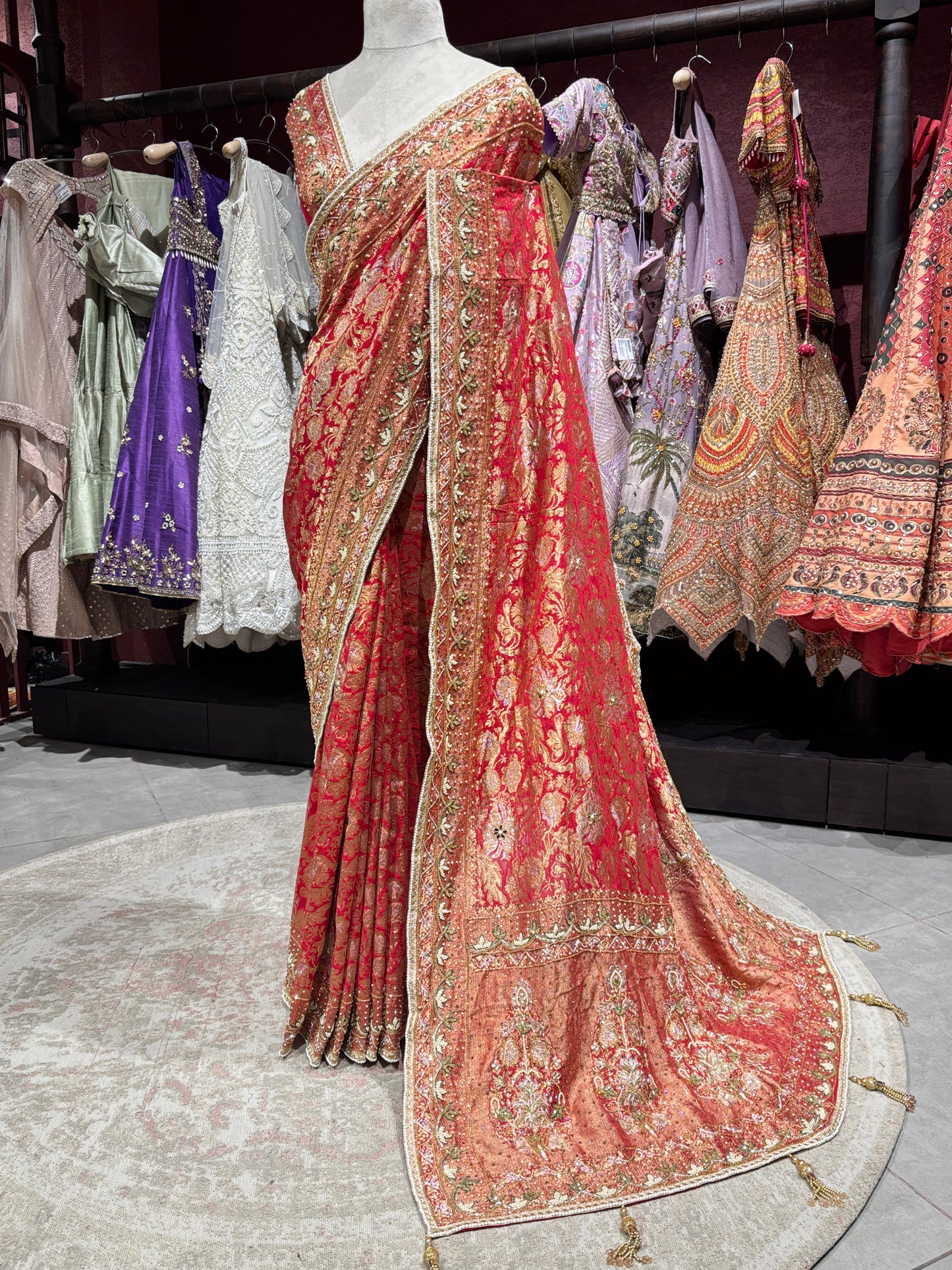 Red Designer Saree with Golden Zari Embroidery & Embellished Pallu