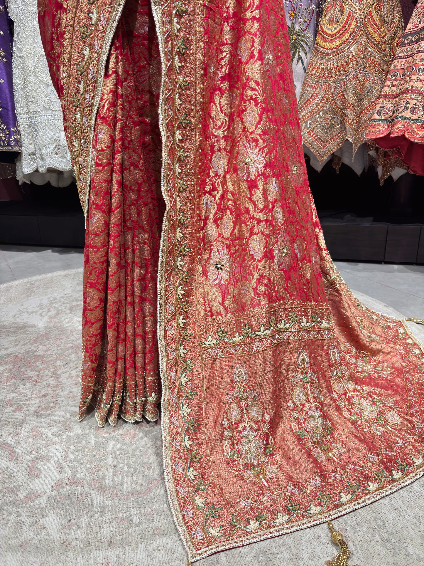 Red Designer Saree with Golden Zari Embroidery & Embellished Pallu