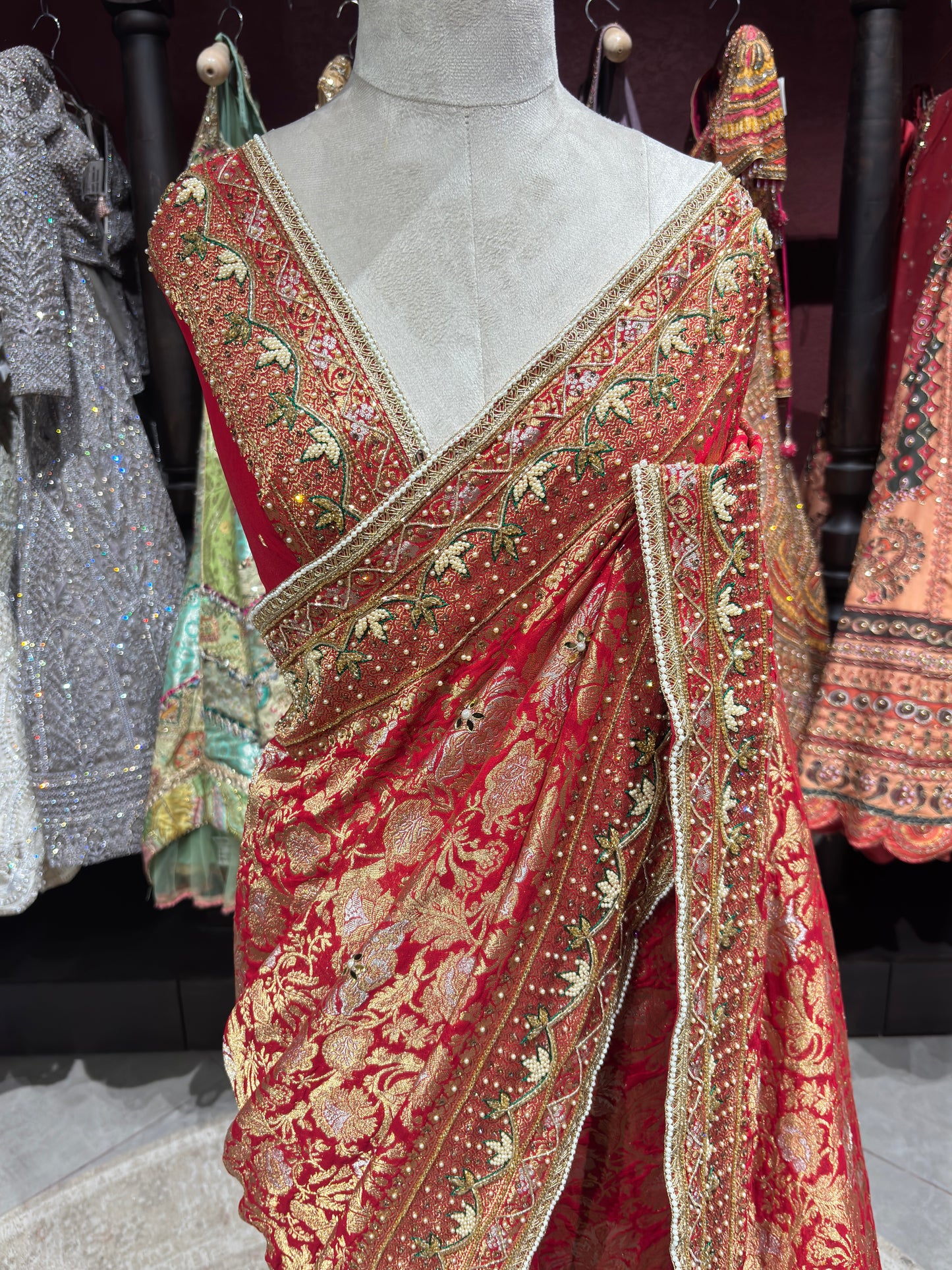 Red Designer Saree with Golden Zari Embroidery & Embellished Pallu