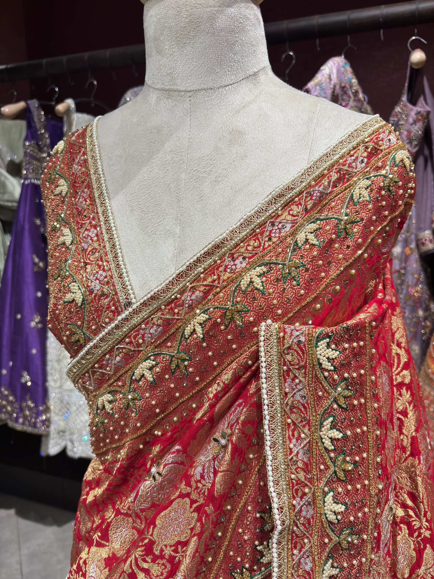 Red Designer Saree with Golden Zari Embroidery & Embellished Pallu