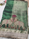 Green Designer Saree with Elephant Lotus Embroidery & Rich Zari Border