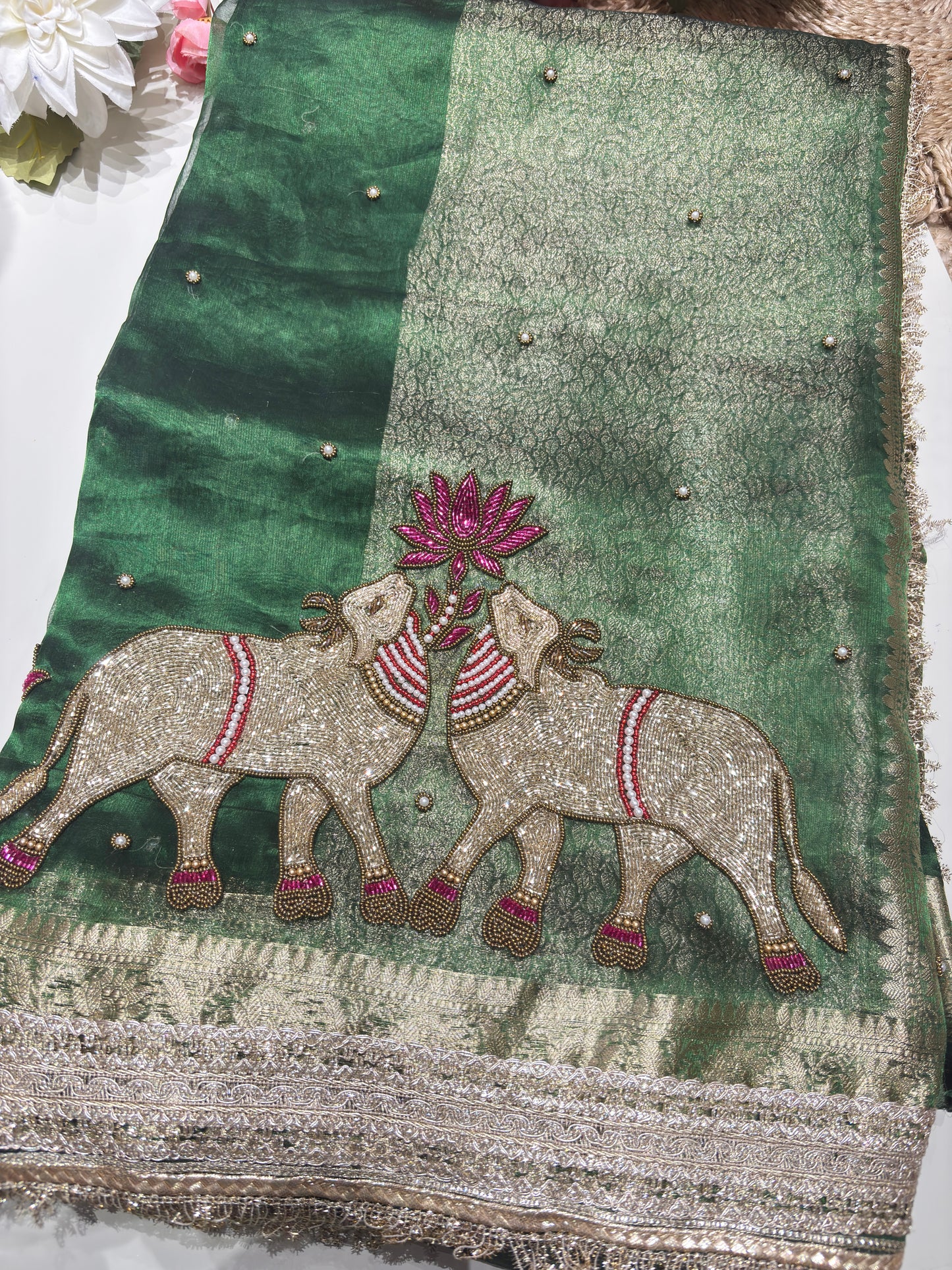 Green Designer Saree with Elephant Lotus Embroidery & Rich Zari Border