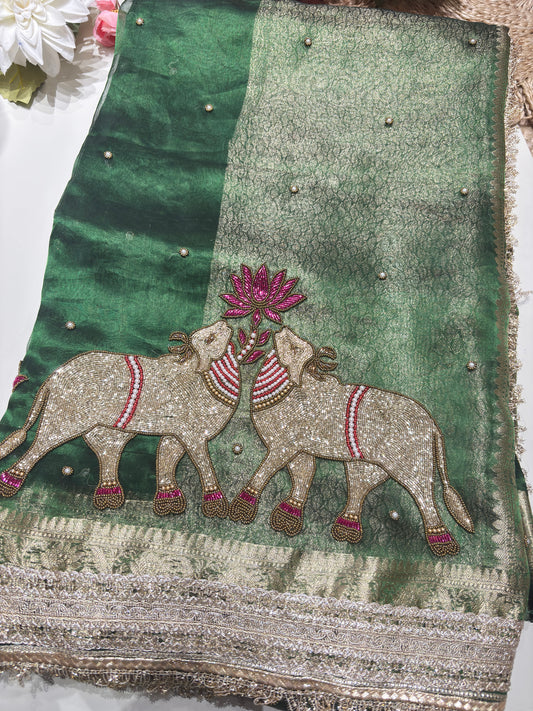 Green Designer Saree with Elephant Lotus Embroidery & Rich Zari Border