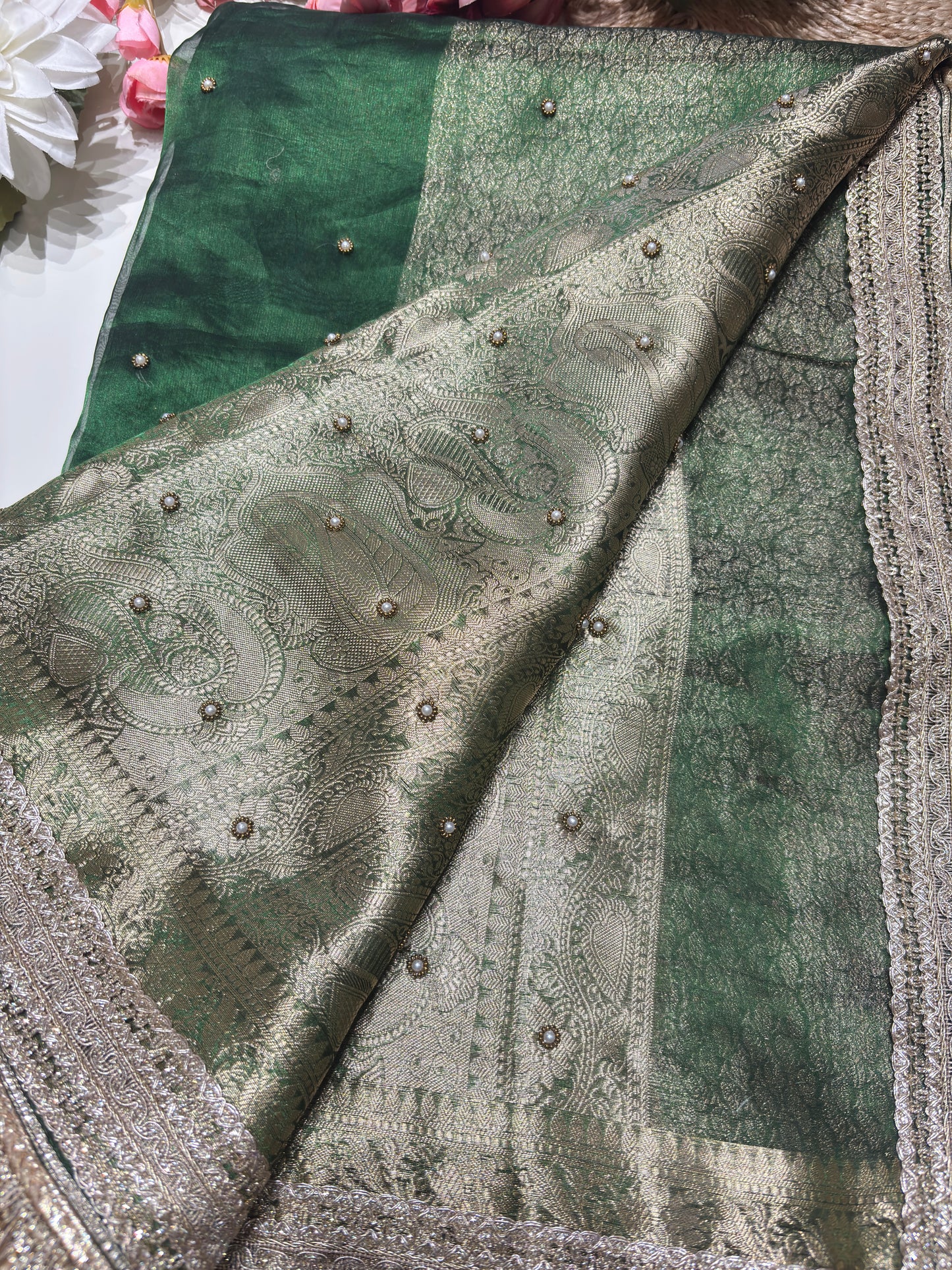 Green Designer Saree with Elephant Lotus Embroidery & Rich Zari Border