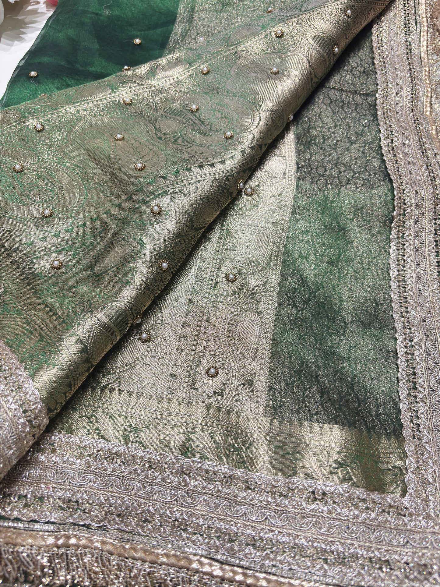 Green Designer Saree with Elephant Lotus Embroidery & Rich Zari Border
