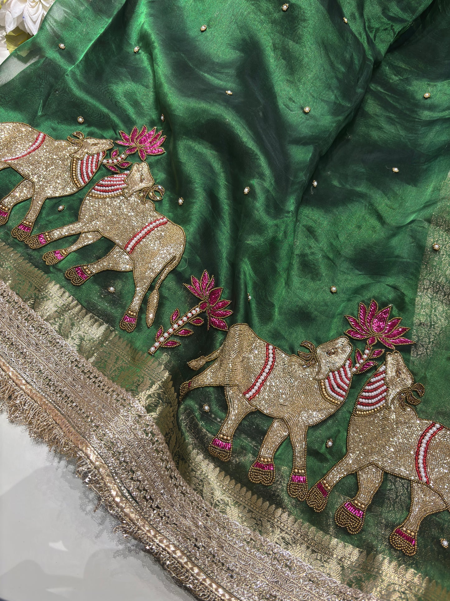 Green Designer Saree with Elephant Lotus Embroidery & Rich Zari Border