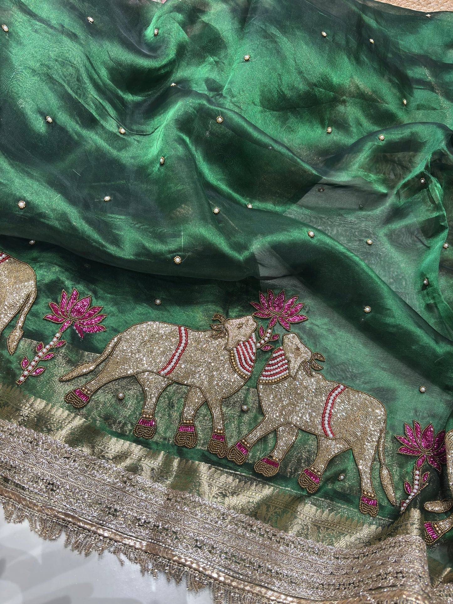 Green Designer Saree with Elephant Lotus Embroidery & Rich Zari Border