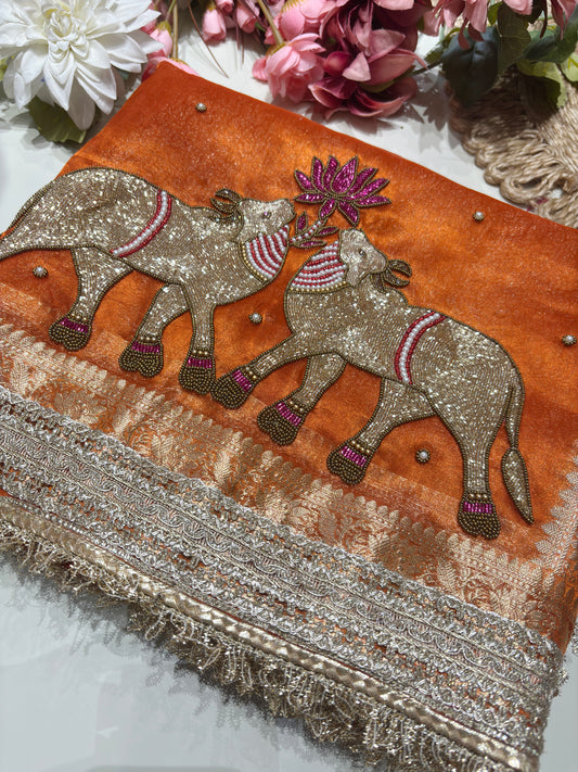 Orange Designer Saree with Elephant Embroidery & Rich Zari Border