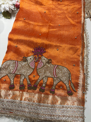 Orange Designer Saree with Elephant Embroidery & Rich Zari Border
