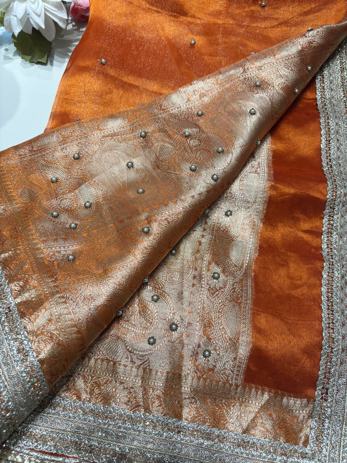 Orange Designer Saree with Elephant Embroidery & Rich Zari Border