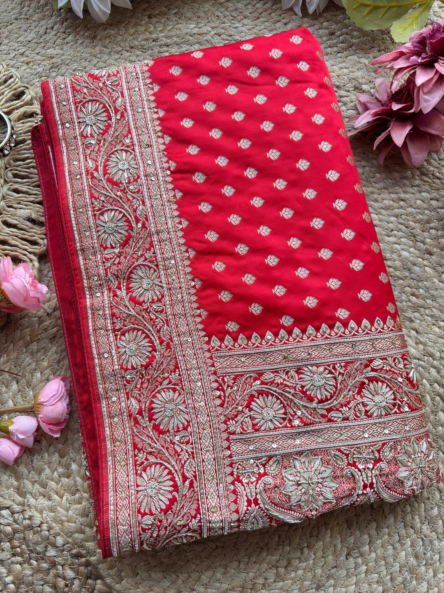 Red Designer Saree with Heavy Silver Zari Embroidery & Buti Work