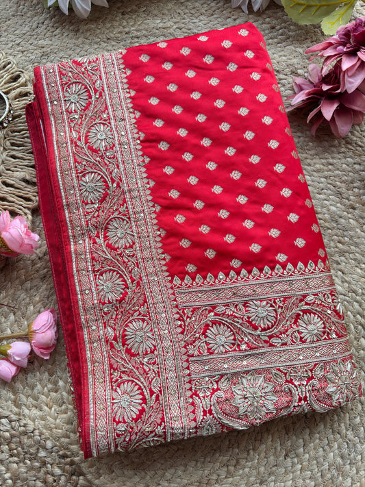 Red Designer Saree with Heavy Silver Zari Embroidery & Buti Work
