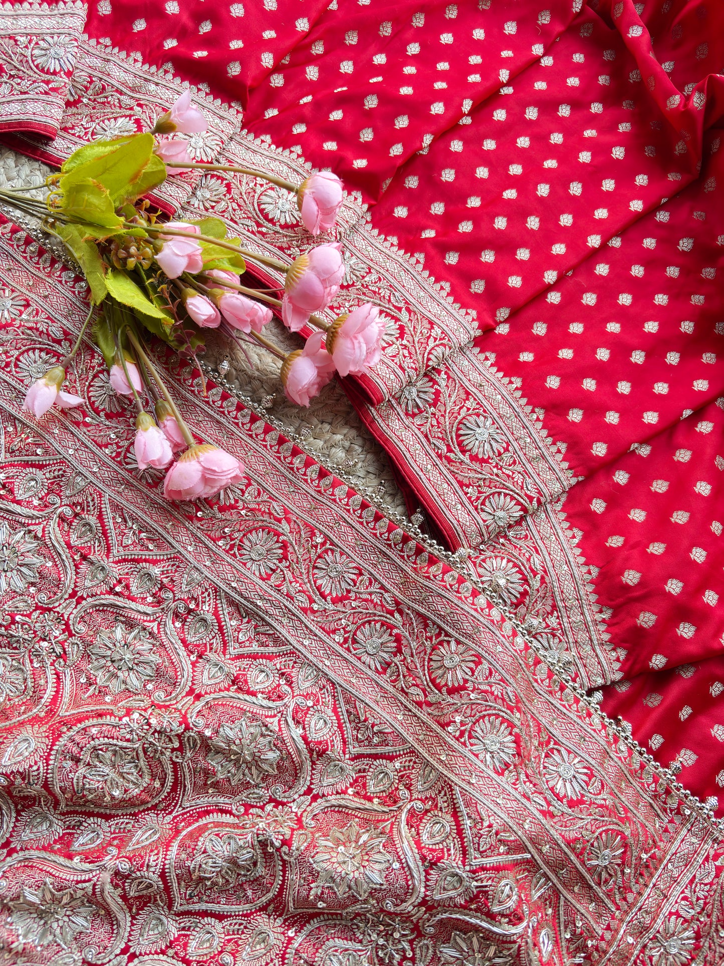Red Designer Saree with Heavy Silver Zari Embroidery & Buti Work