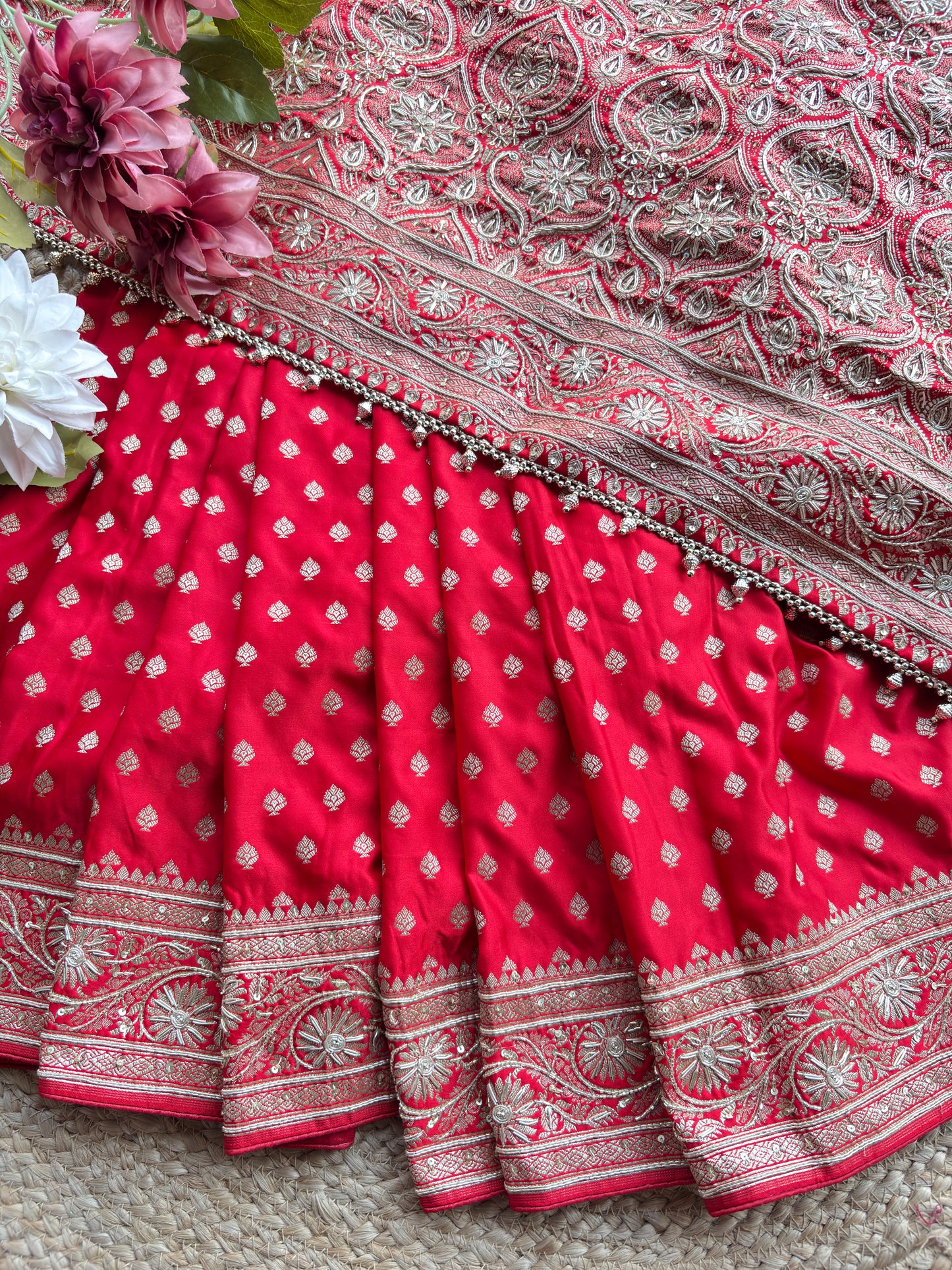 Red Designer Saree with Heavy Silver Zari Embroidery & Buti Work