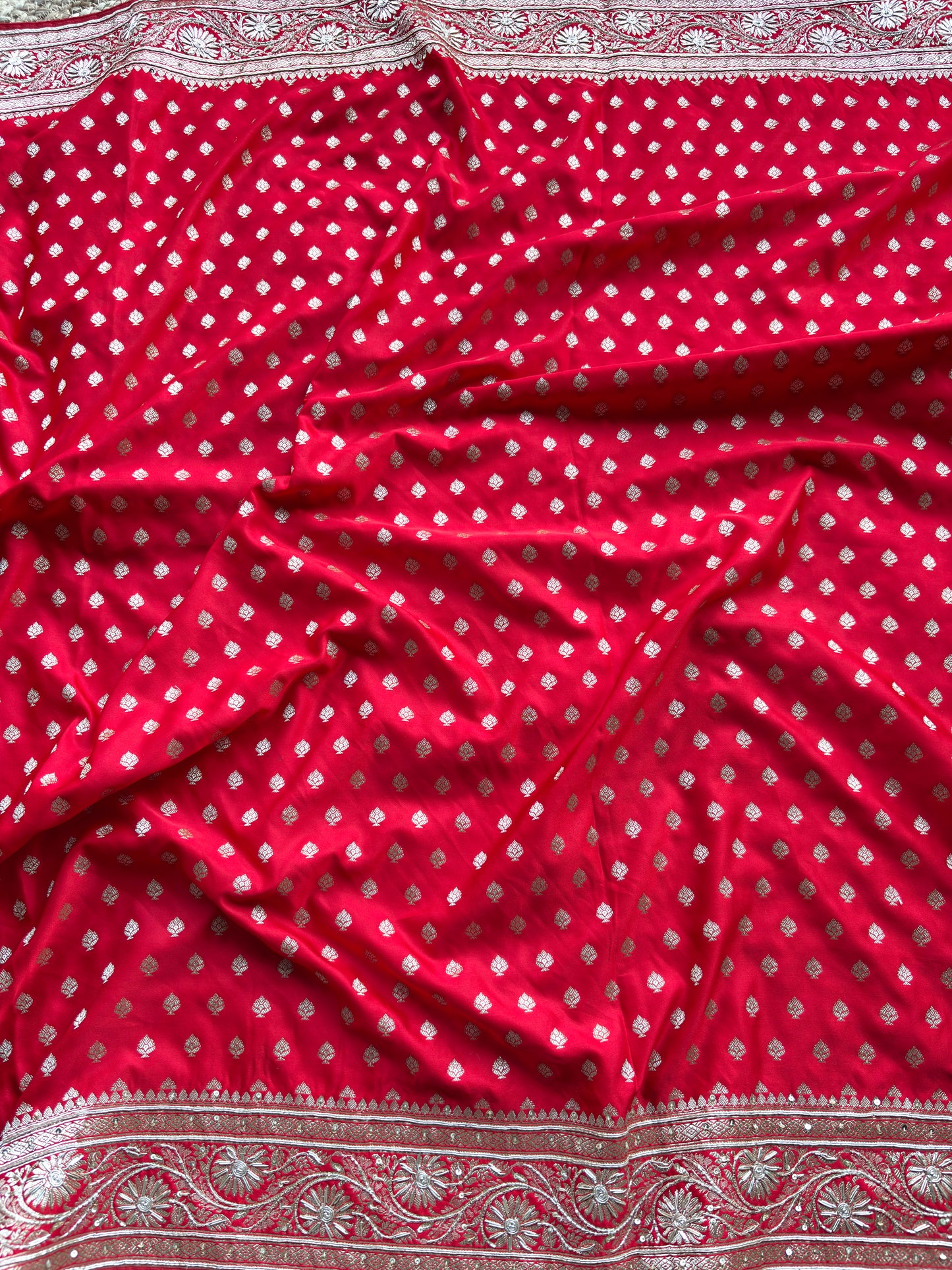 Red Designer Saree with Heavy Silver Zari Embroidery & Buti Work