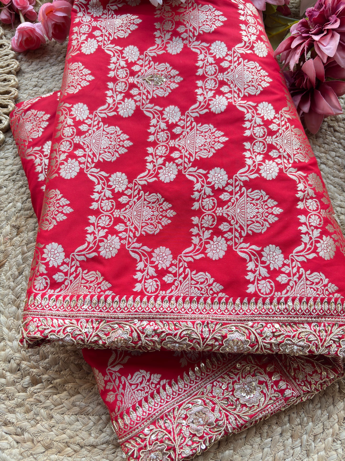 Red Designer Saree with Silver Zari Buti Work & Embroidered Border