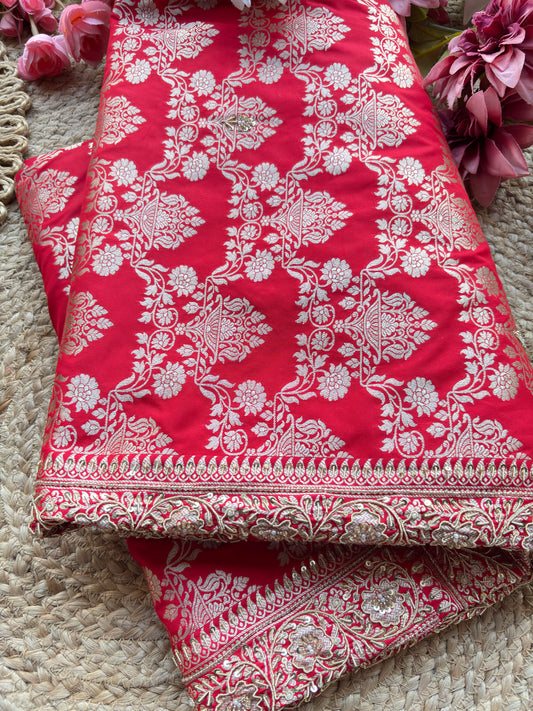 Red Designer Saree with Silver Zari Buti Work & Embroidered Border