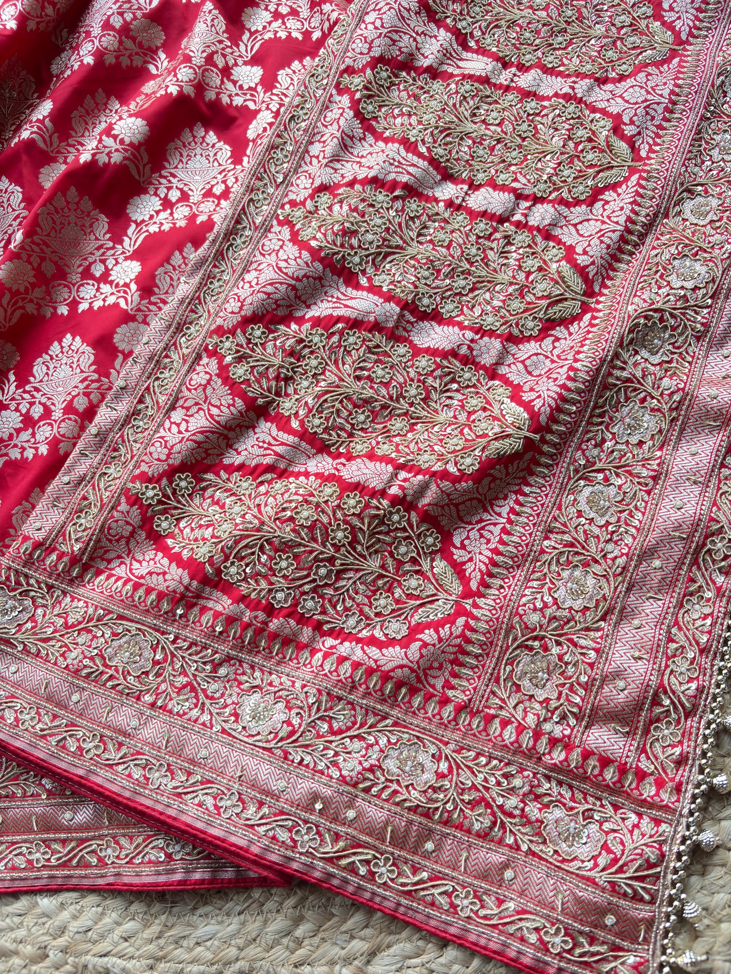Red Designer Saree with Silver Zari Buti Work & Embroidered Border