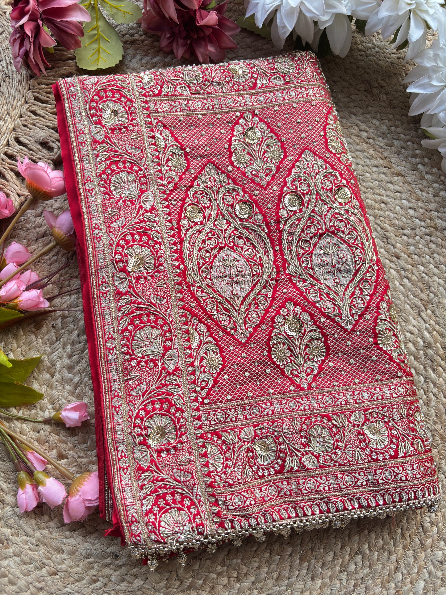 Designer Saree with Silver Zari Floral Jaal Work & Embroidered Border