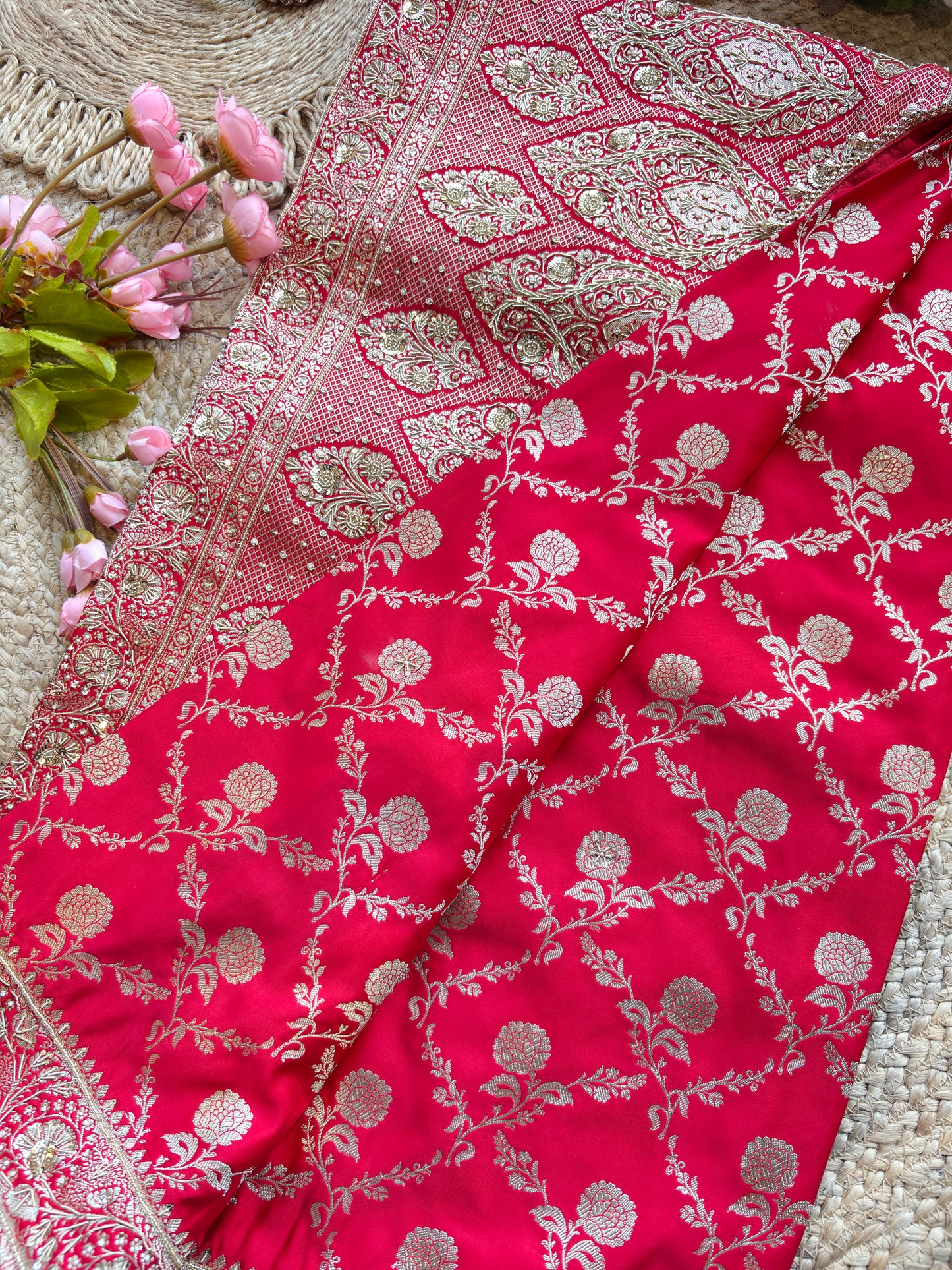 Designer Saree with Silver Zari Floral Jaal Work & Embroidered Border