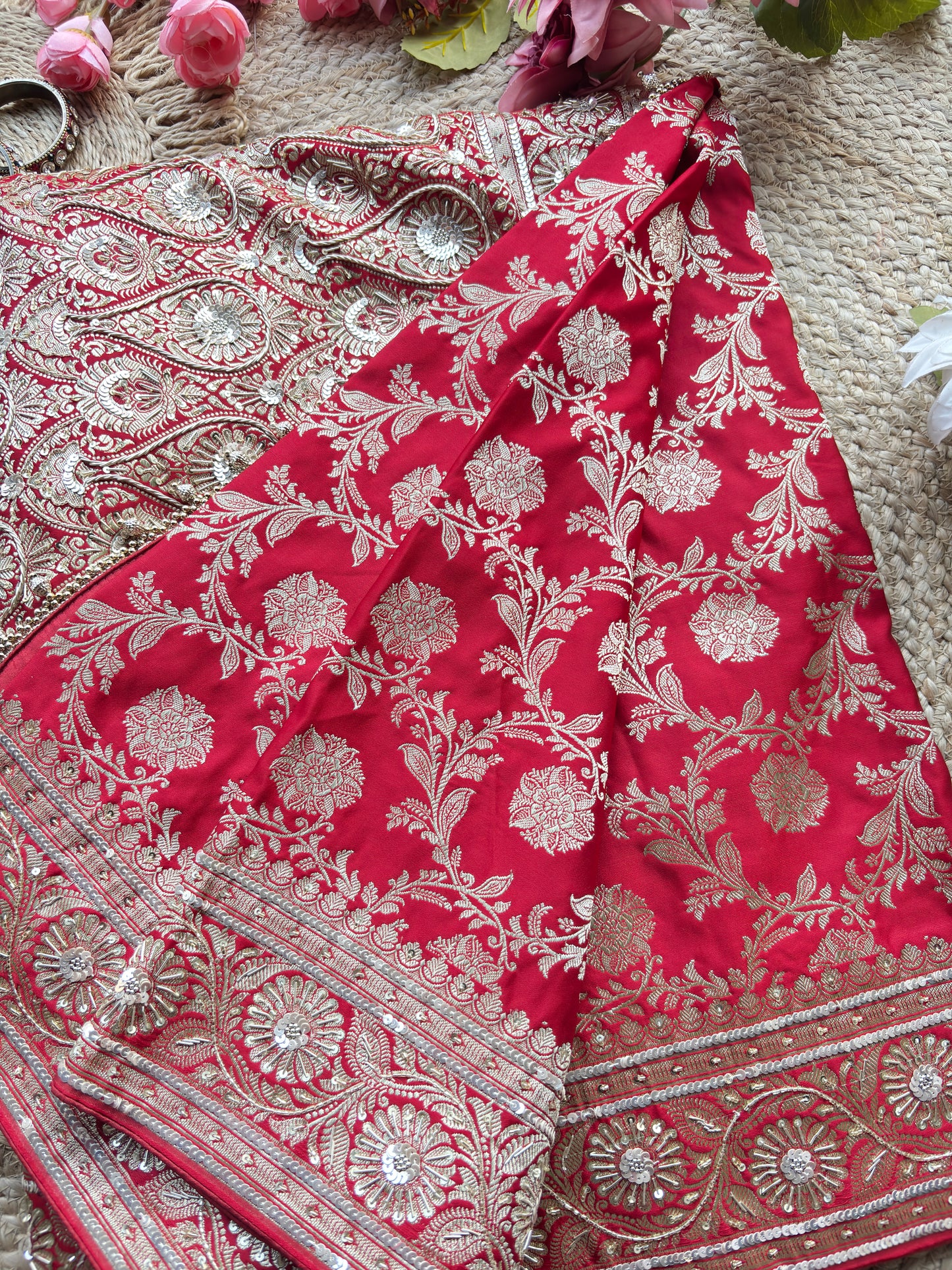 Designer Saree with Heavy Silver Zari Floral Work & Embellished Border