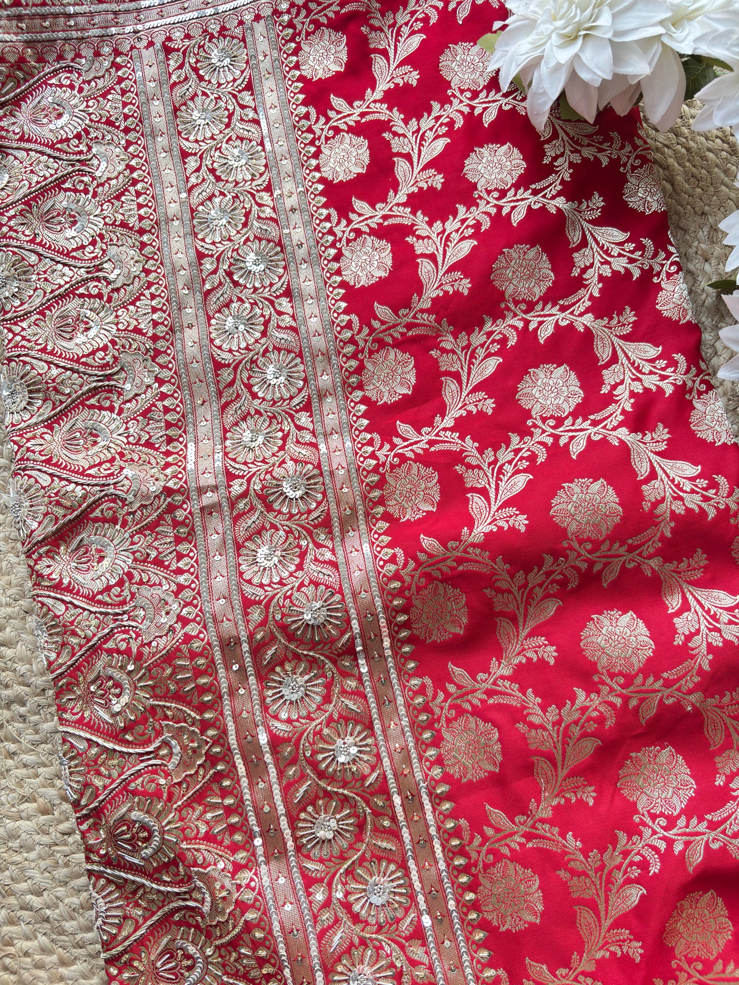 Designer Saree with Heavy Silver Zari Floral Work & Embellished Border