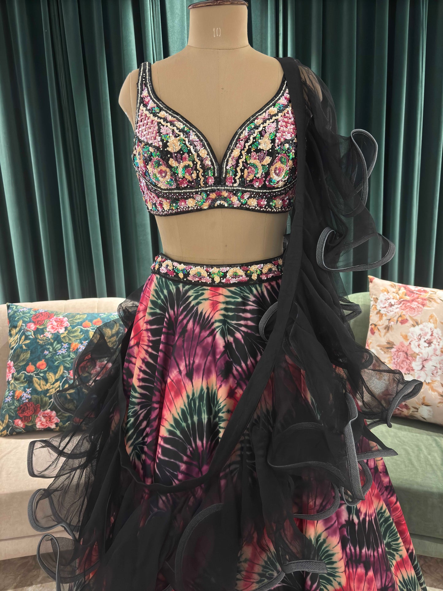 Micro-Velvet Multi Colour Lehenga with Designer Blouse