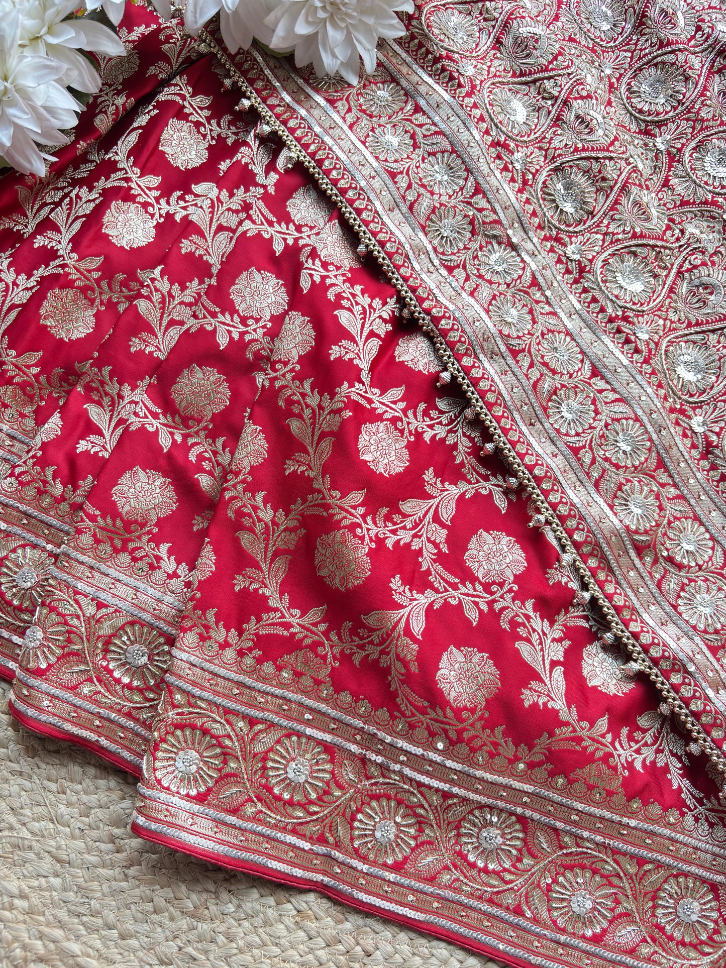 Designer Saree with Heavy Silver Zari Floral Work & Embellished Border