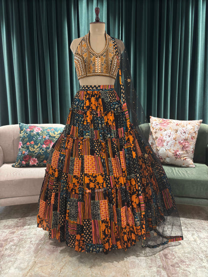 Black Patchwork Lehenga Choli with Green Net Dupatta