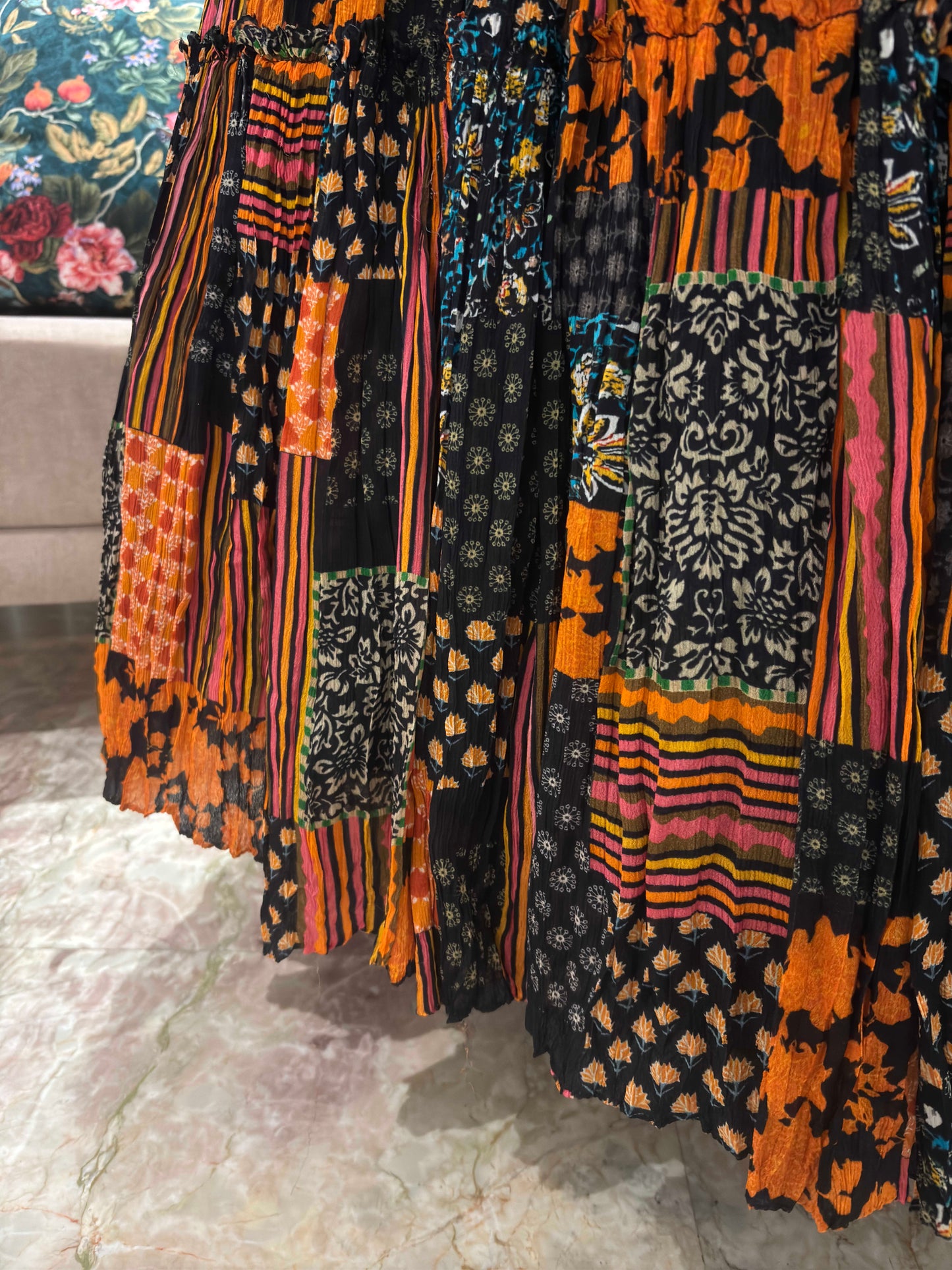 Black Patchwork Lehenga Choli with Green Net Dupatta