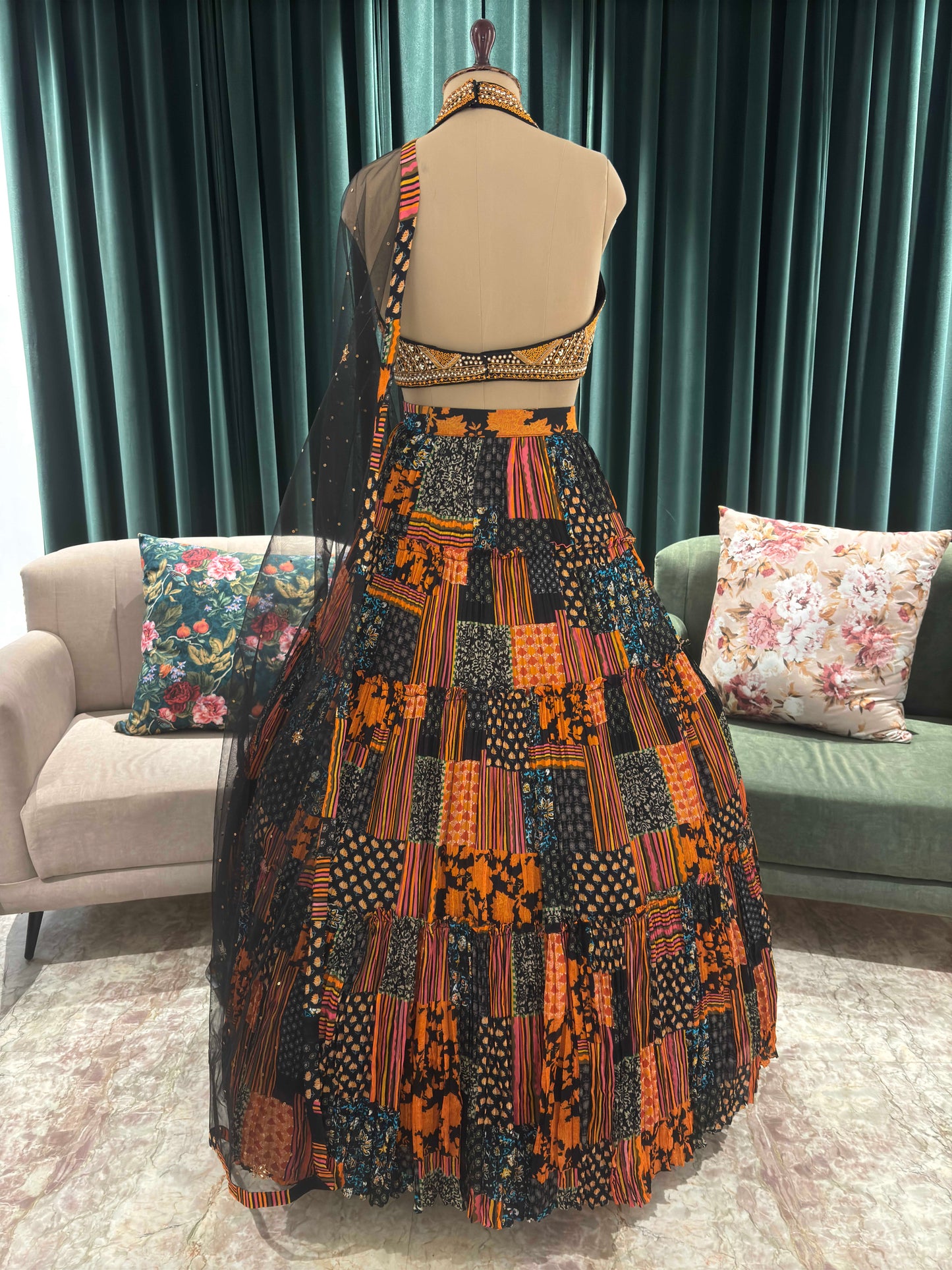 Black Patchwork Lehenga Choli with Green Net Dupatta