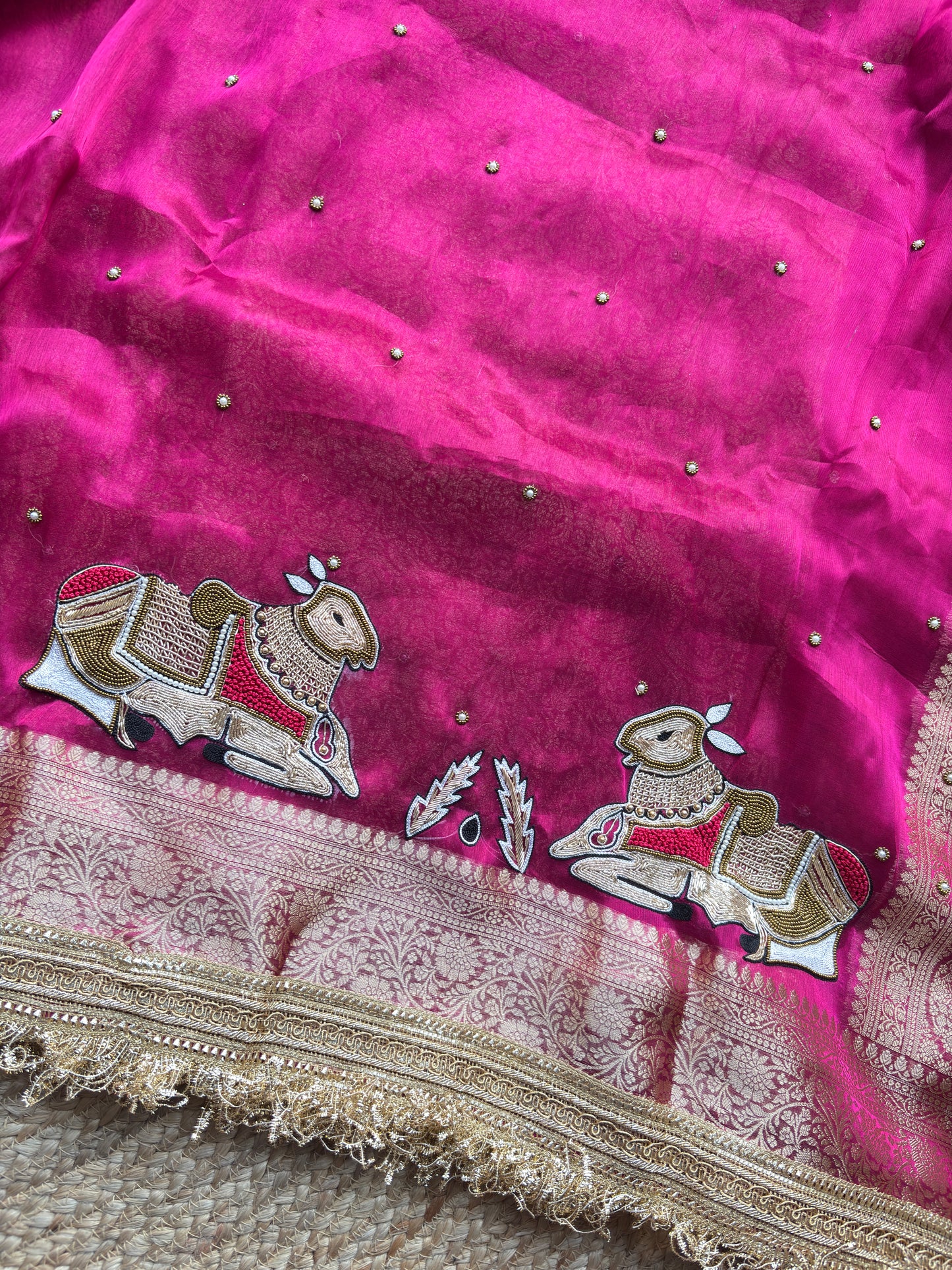 Rani Saree with Pure Banarasi Tissue Pichwai Motif & Zari Border