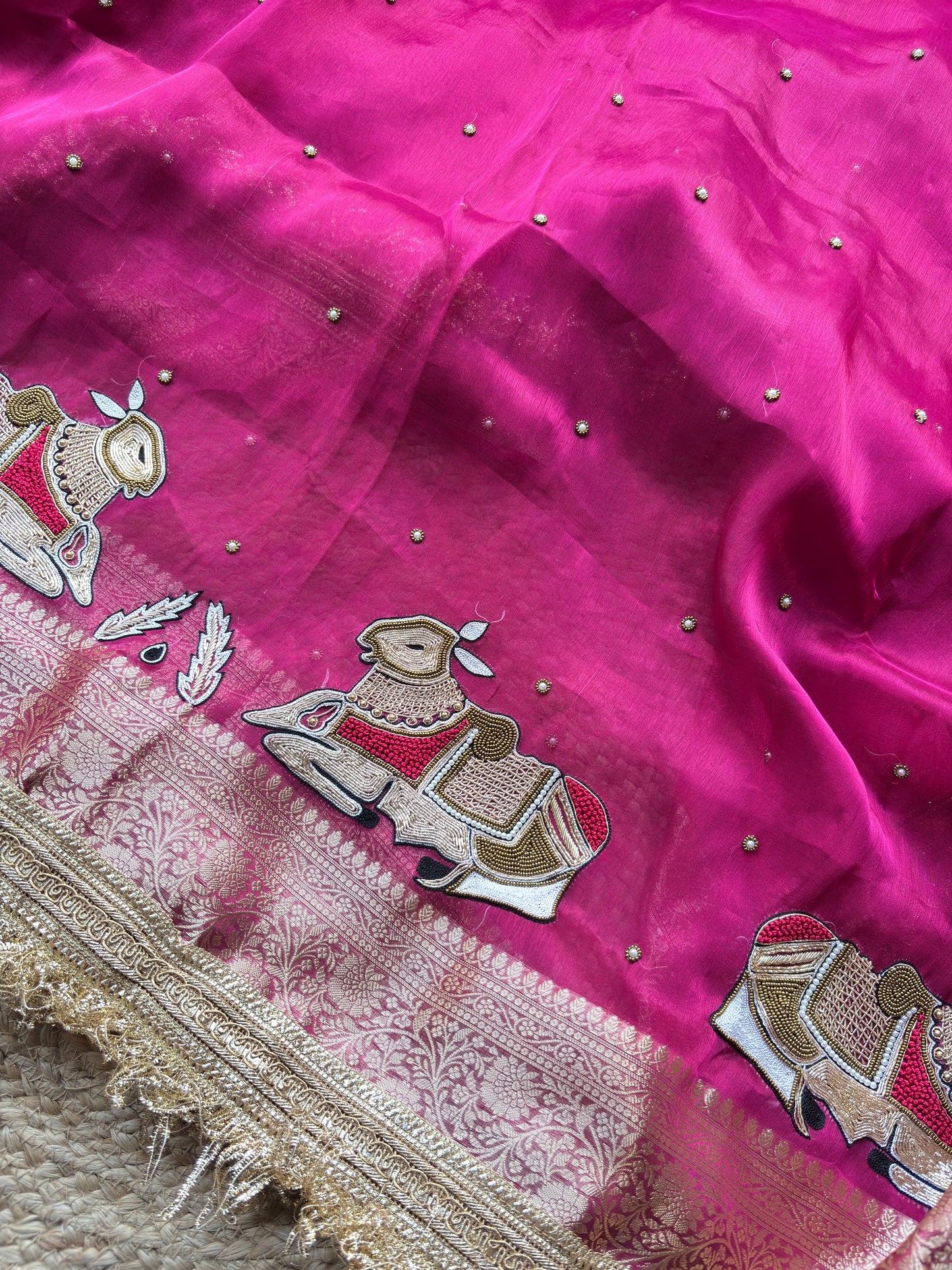Rani Saree with Pure Banarasi Tissue Pichwai Motif & Zari Border