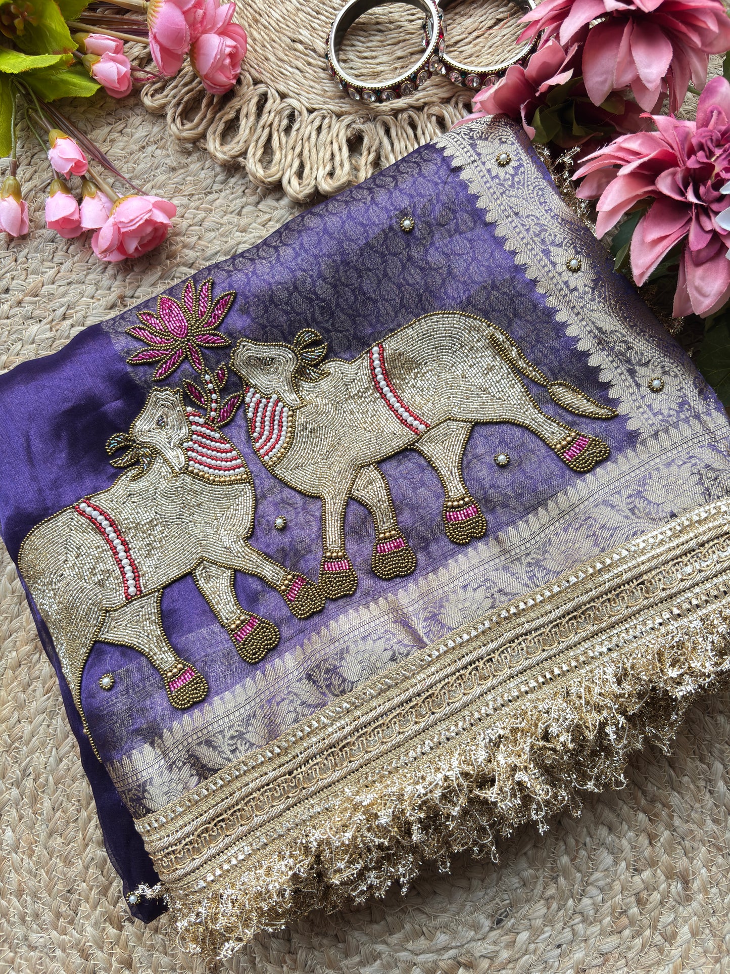 Purple Saree with Pure Banarasi Tissue Nandi Motif & Rich Zari Border