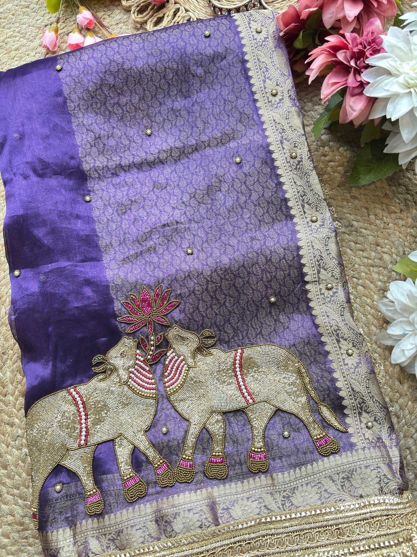 Purple Saree with Pure Banarasi Tissue Nandi Motif & Rich Zari Border