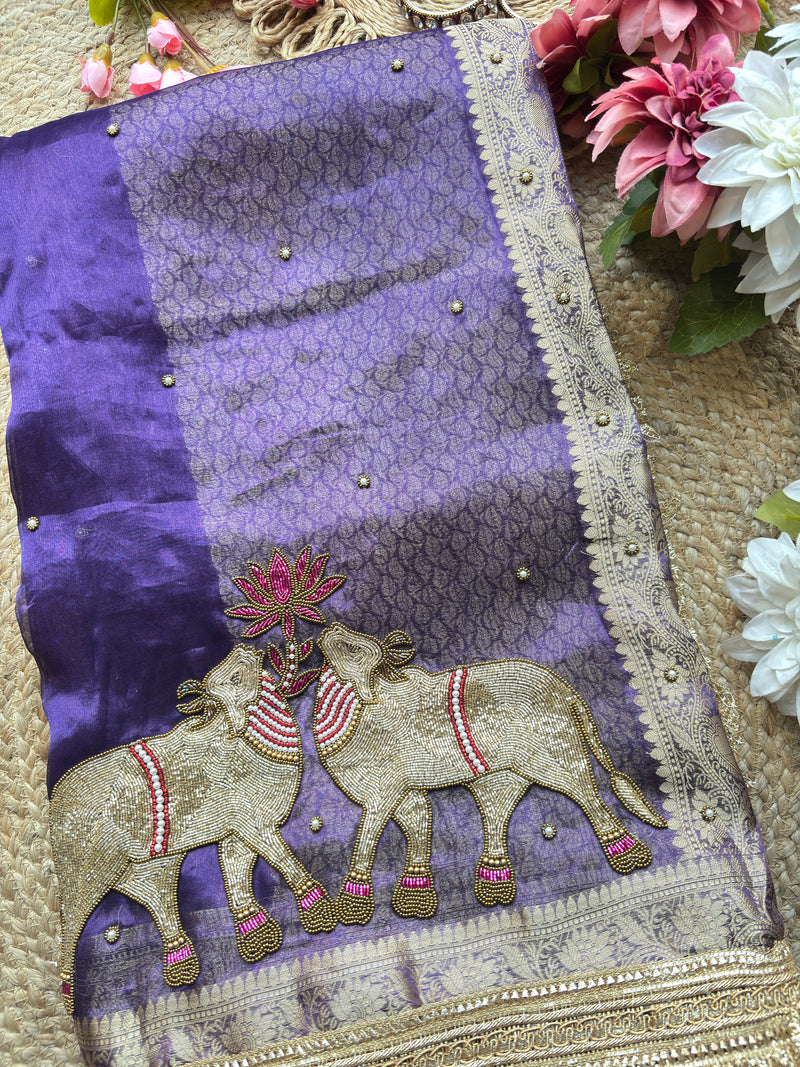 Purple Saree with Pure Banarasi Tissue Nandi Motif & Rich Zari Border