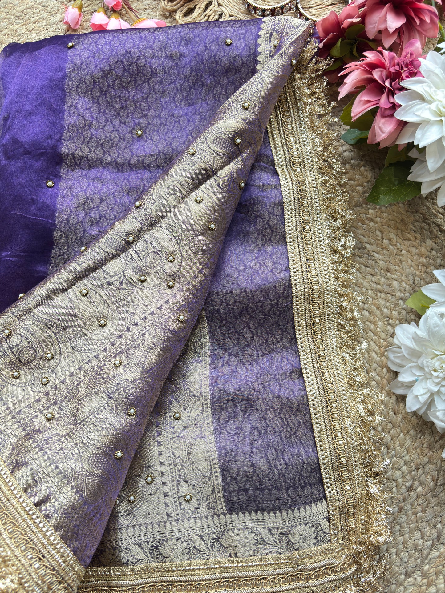 Purple Saree with Pure Banarasi Tissue Nandi Motif & Rich Zari Border