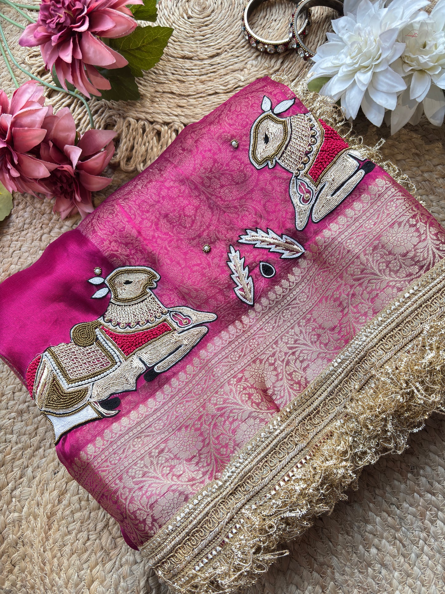 Rani Saree with Pure Banarasi Tissue Pichwai Motif & Zari Border