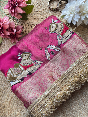 Rani Saree with Pure Banarasi Tissue Pichwai Motif & Zari Border