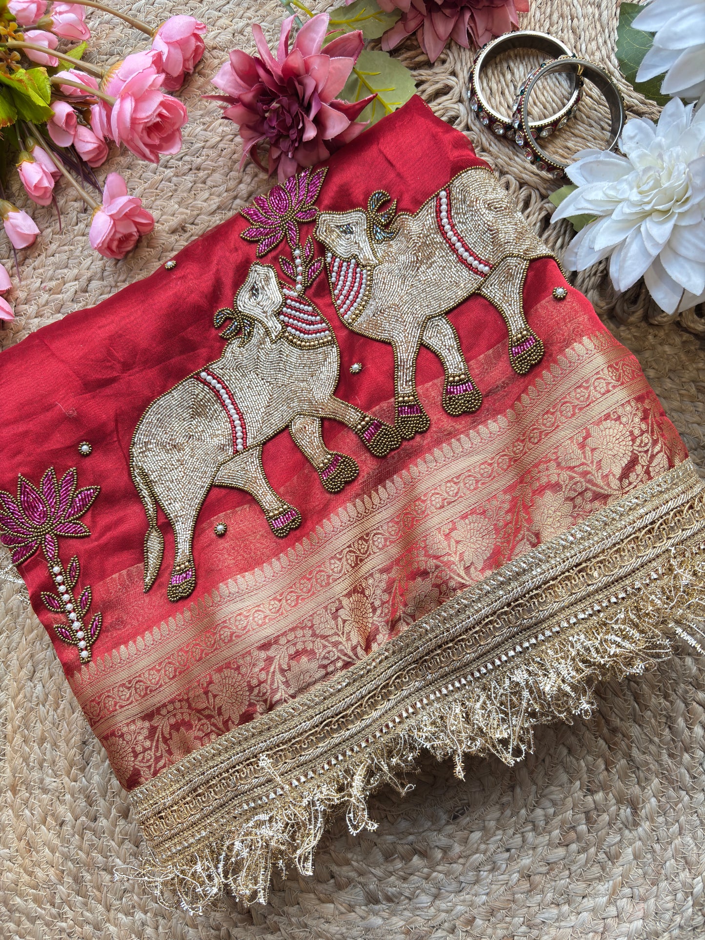 Red Saree with Pure Banarasi Tissue Nandi Motif & Rich Zari Border