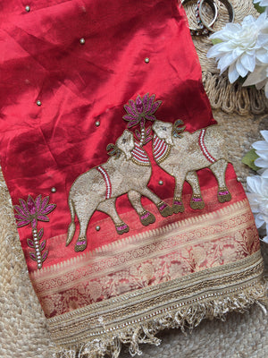 Red Saree with Pure Banarasi Tissue Nandi Motif & Rich Zari Border
