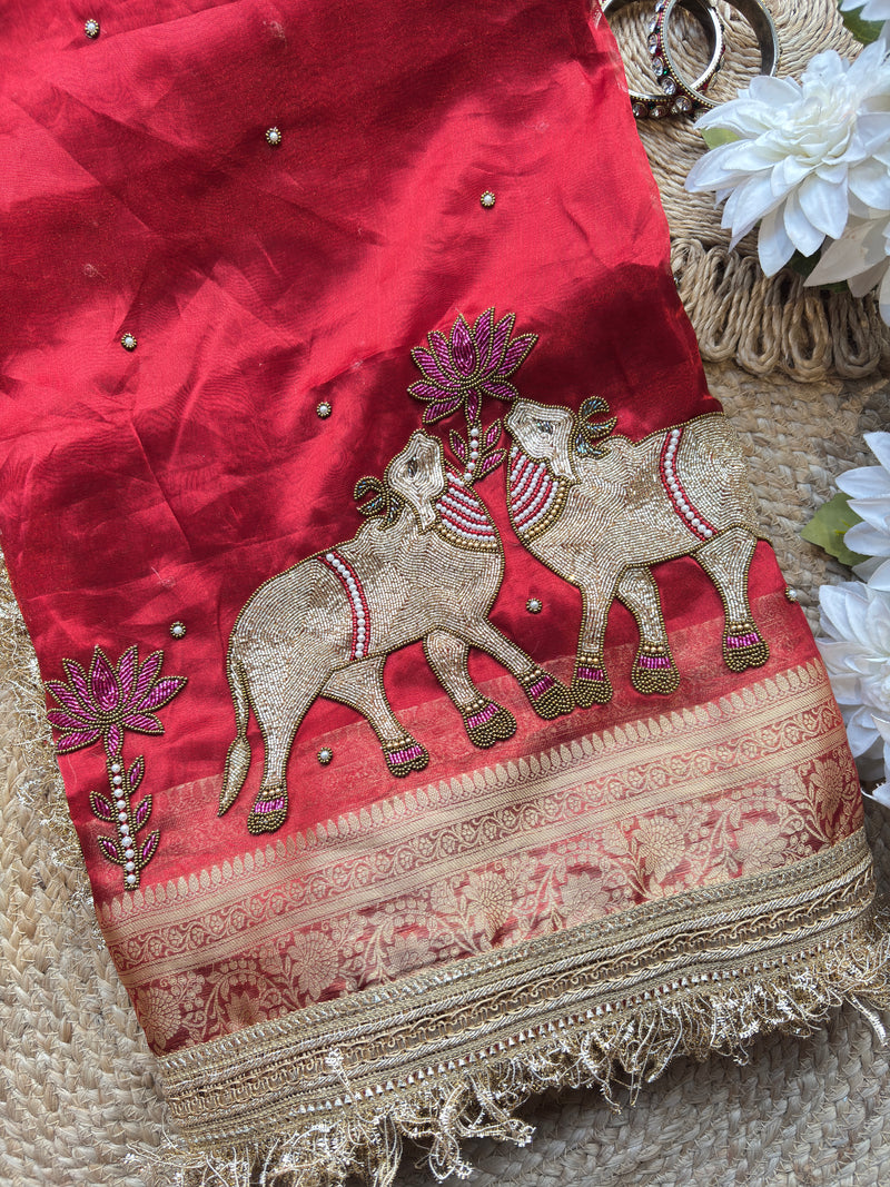 Red Saree with Pure Banarasi Tissue Nandi Motif & Rich Zari Border