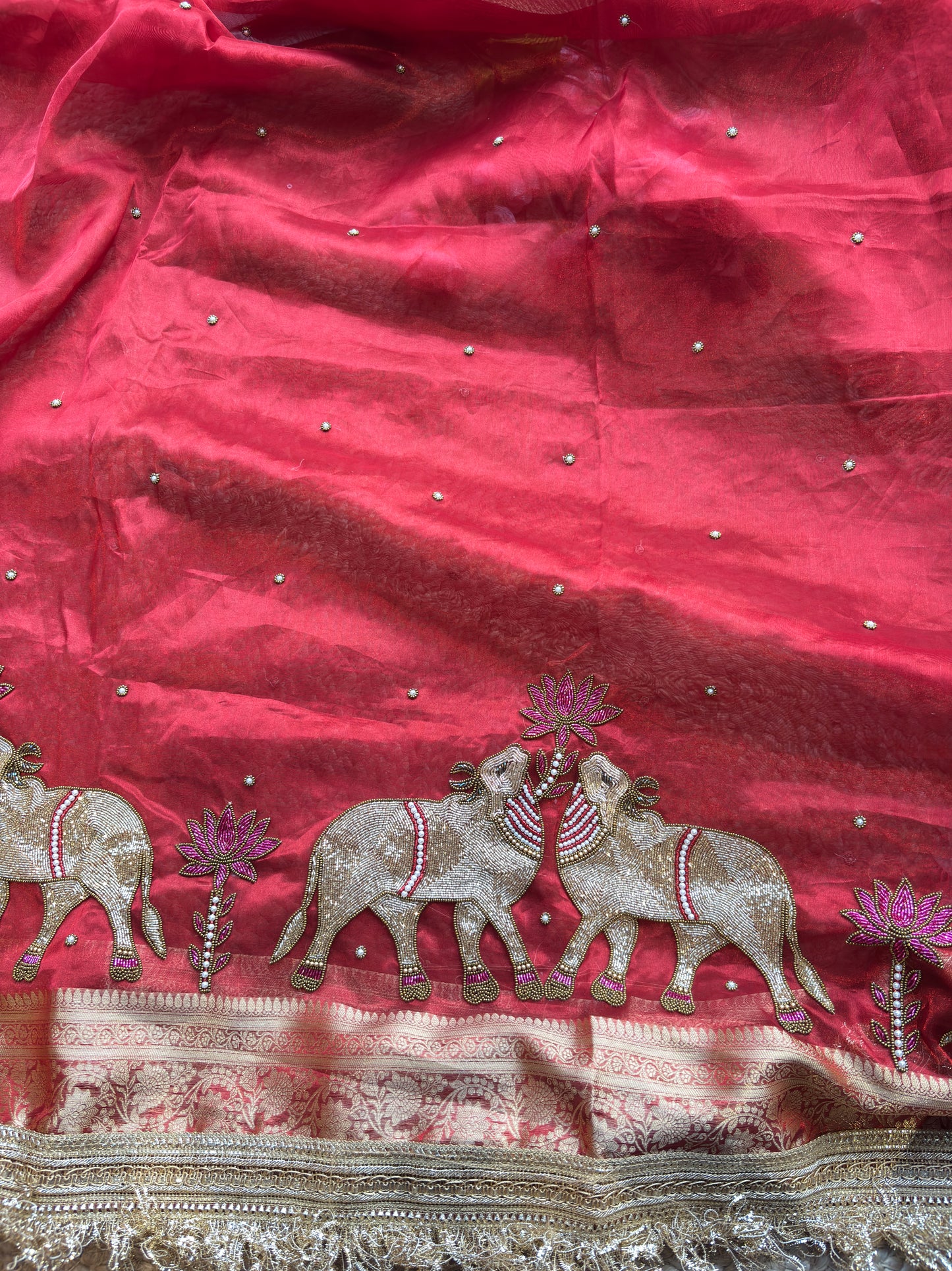 Red Saree with Pure Banarasi Tissue Nandi Motif & Rich Zari Border